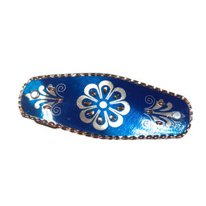 Ocean Blue Hair Barrette Tension Clip Flower Copper Tone Metal Lightweight